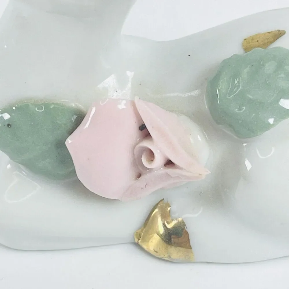 VTG Big Gold Ears White Porcelain Deer Figurines Mother Fawn Rose Chase Japan